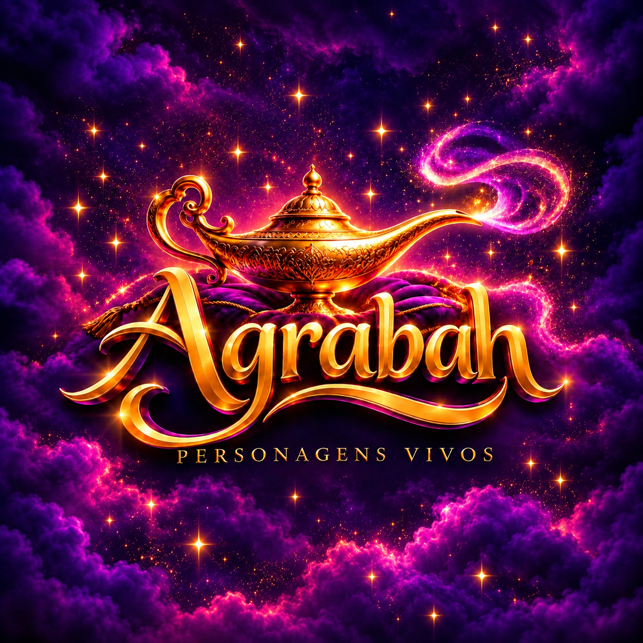 Logo Agrabah Personagens Vivos: uma lâmpada dourada envolta em magia roxa e estrelas